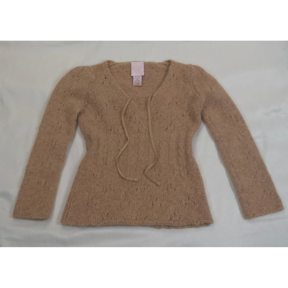 Vintage Cynthia Rowley Angora Wool Blend Pointelle V-Neck Tie Sweater Girl's S